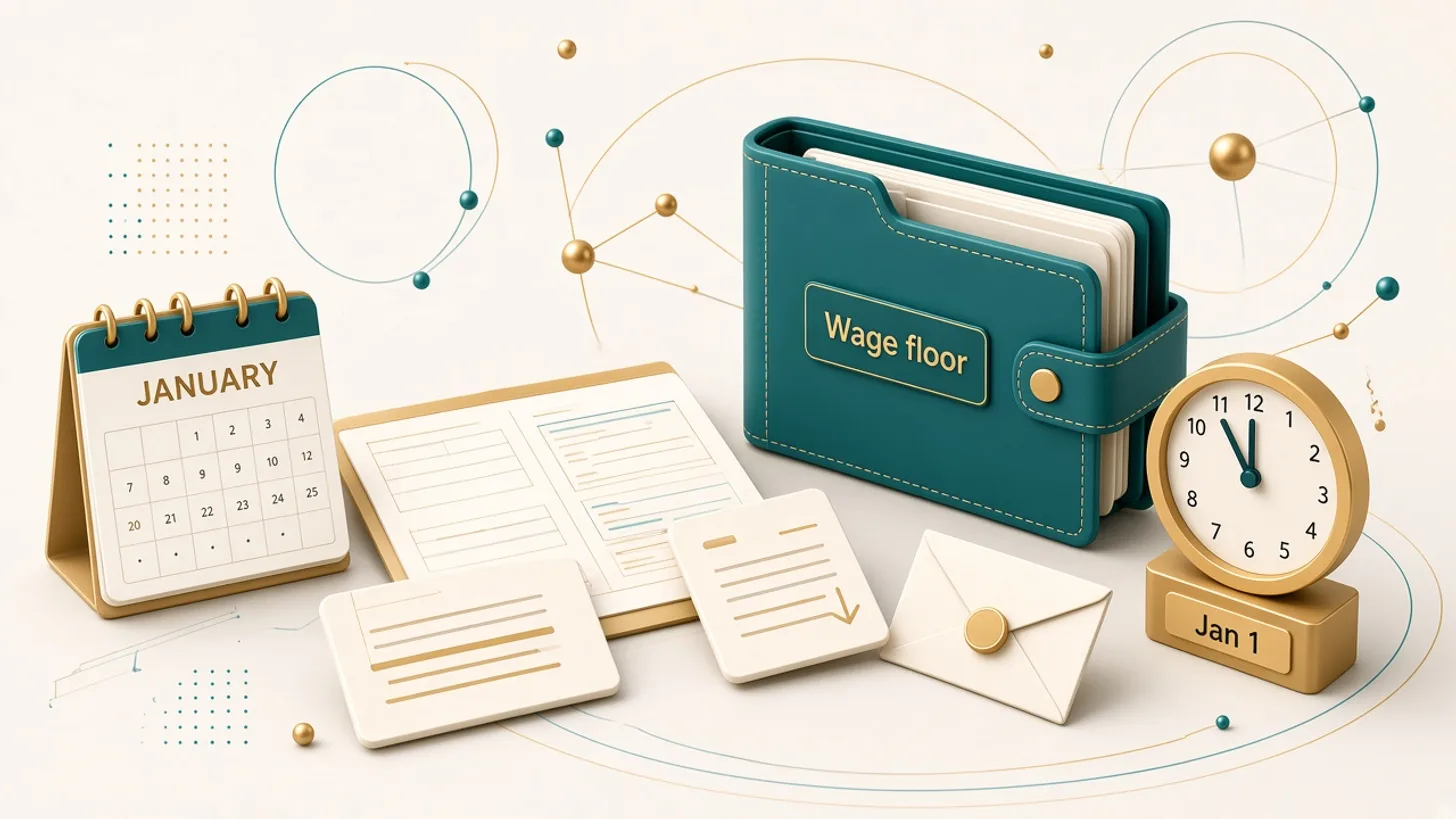 January 1 Minimum Wage + Pay Change Rollout Kit illustrated overview