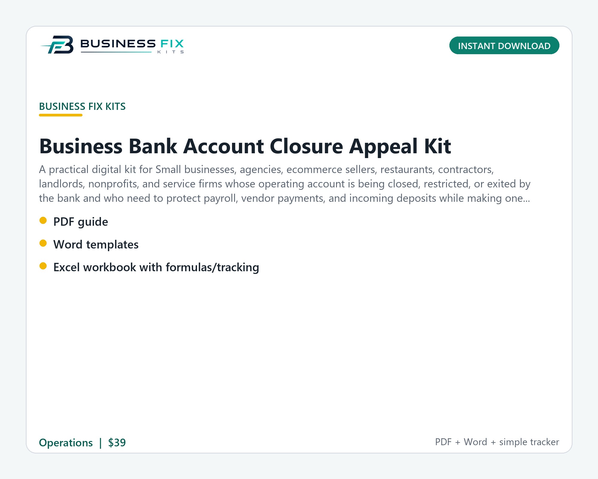 Business Bank Account Closure Appeal Kit illustrated overview