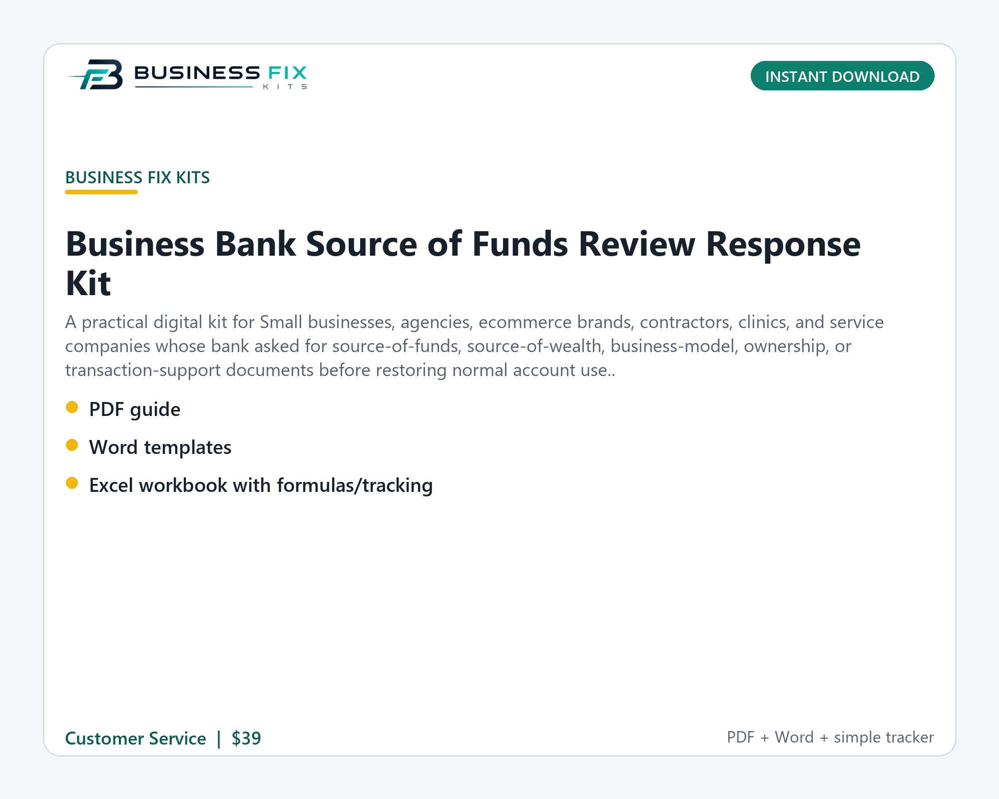 Business Bank Source of Funds Review Response Kit illustrated overview