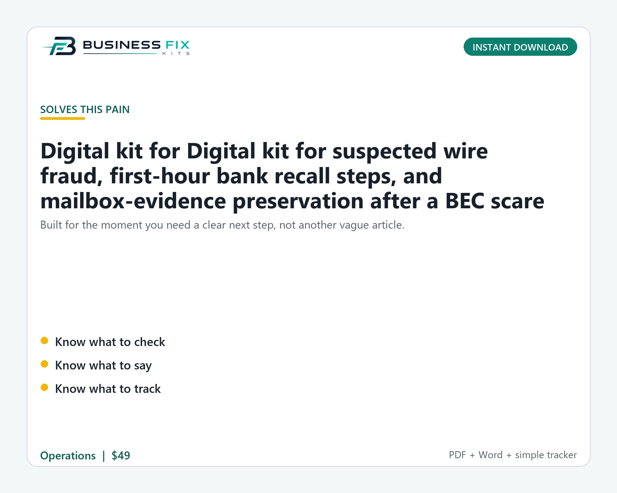 Business Email Compromise Wire Recall Kit product photo