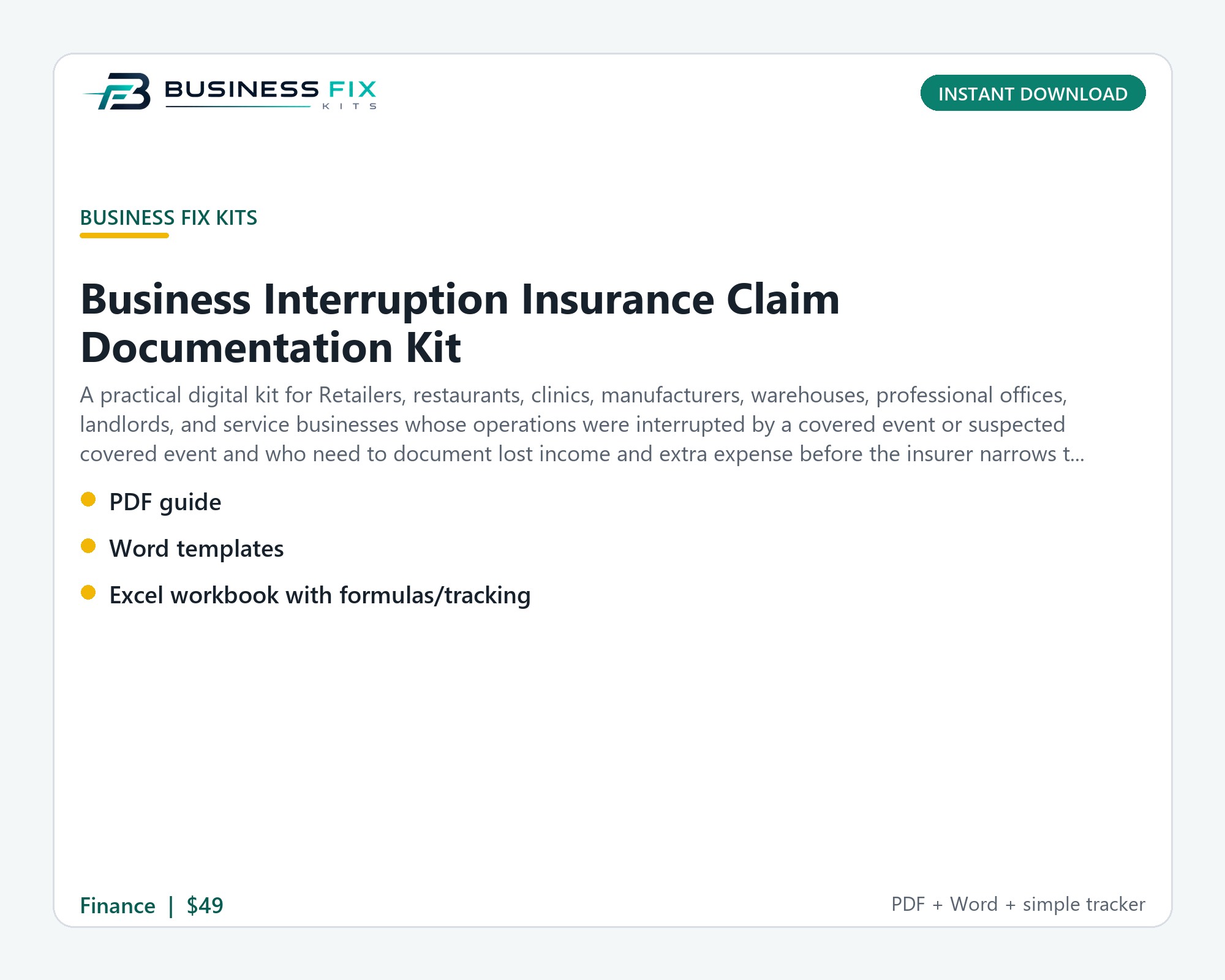 Business Interruption Insurance Claim Documentation Kit illustrated overview
