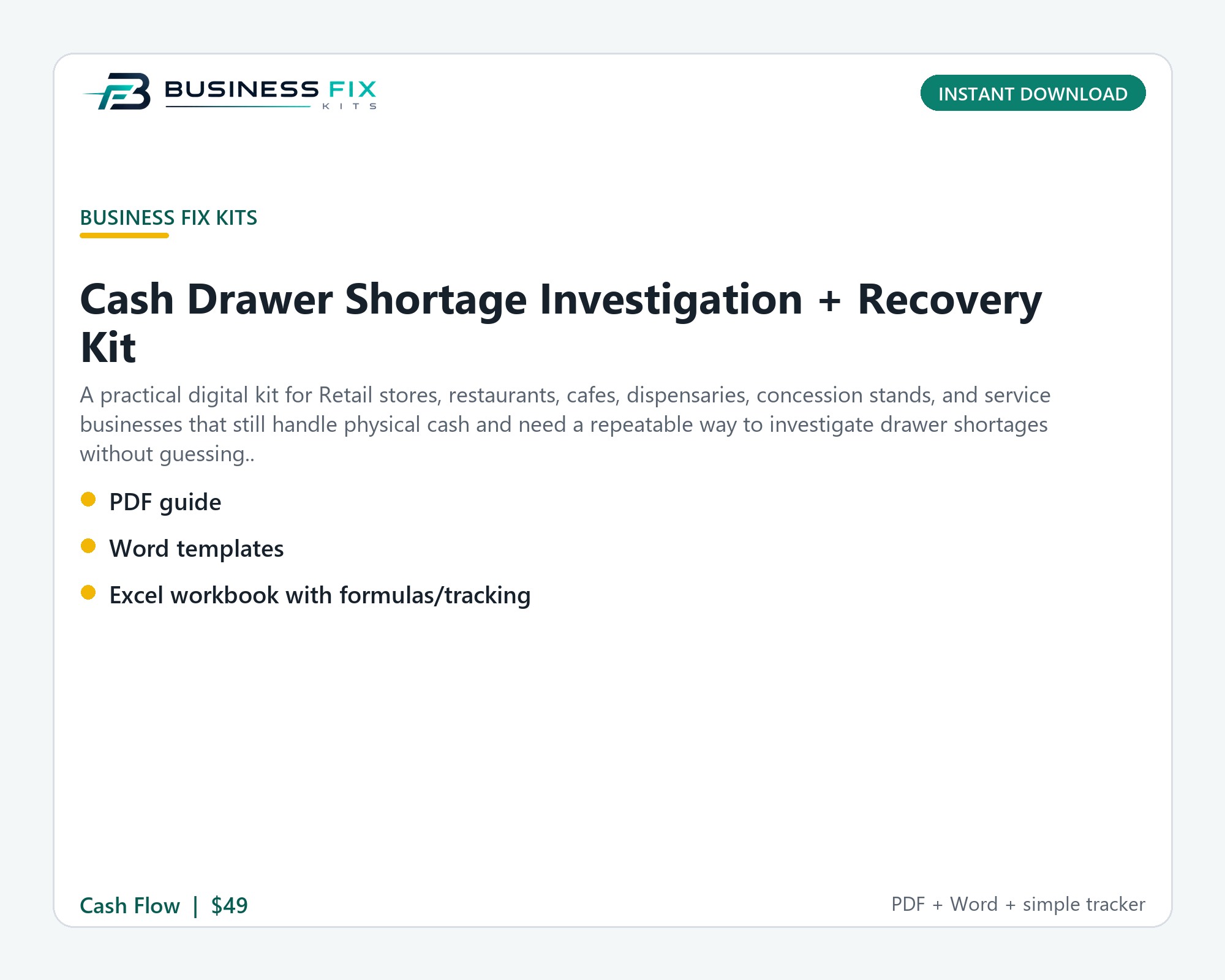 Cash Drawer Shortage Investigation + Recovery Kit illustrated overview
