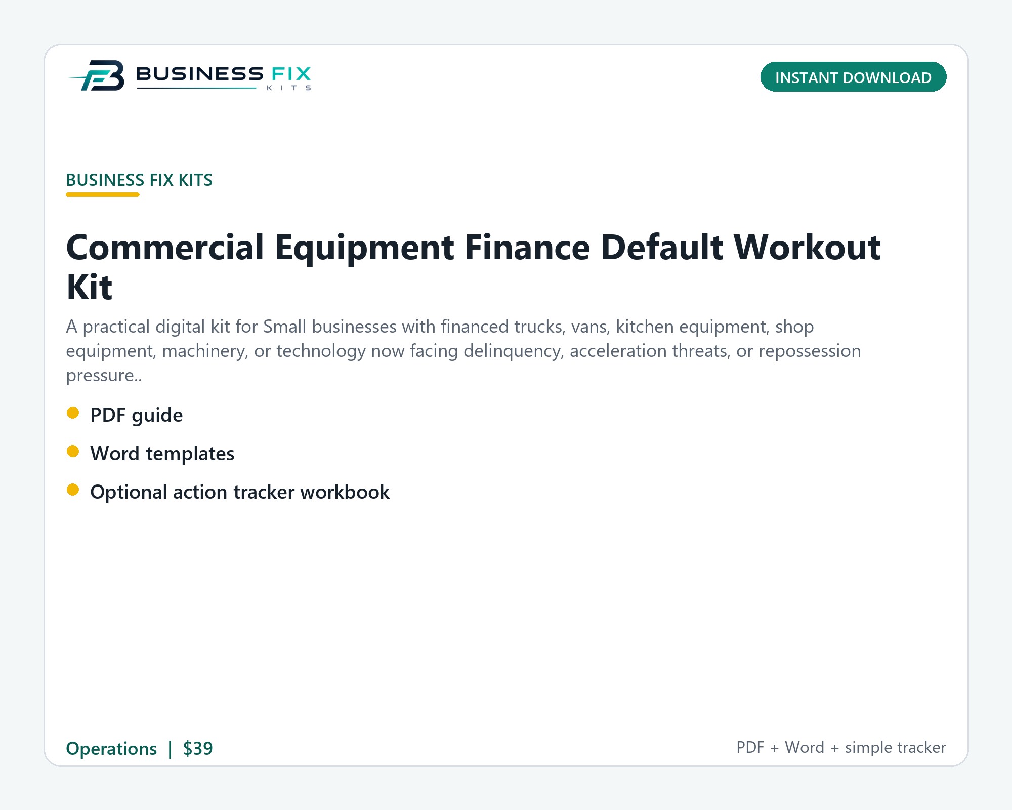 Commercial Equipment Finance Default Workout Kit illustrated overview
