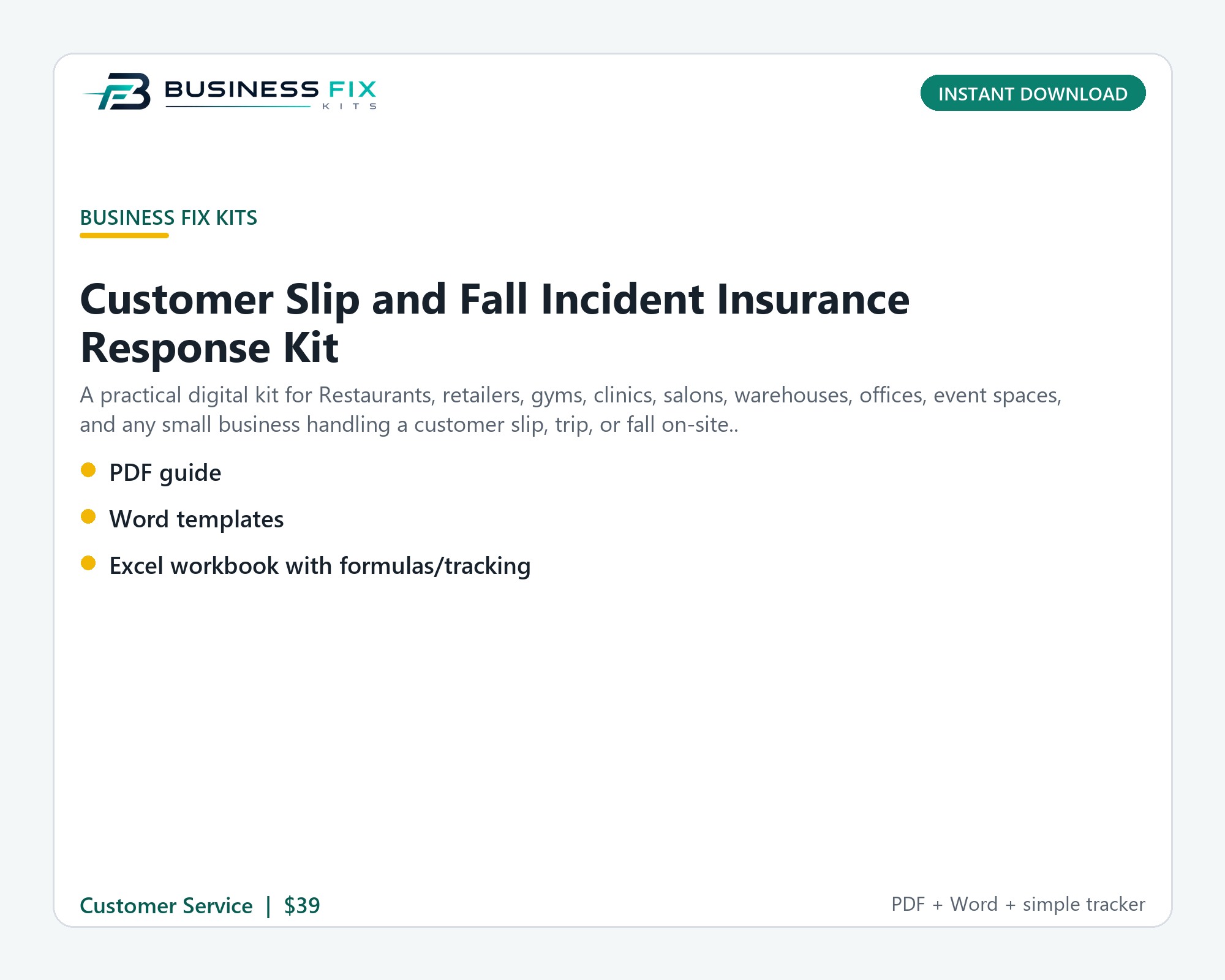 Customer Slip and Fall Incident Insurance Response Kit illustrated overview