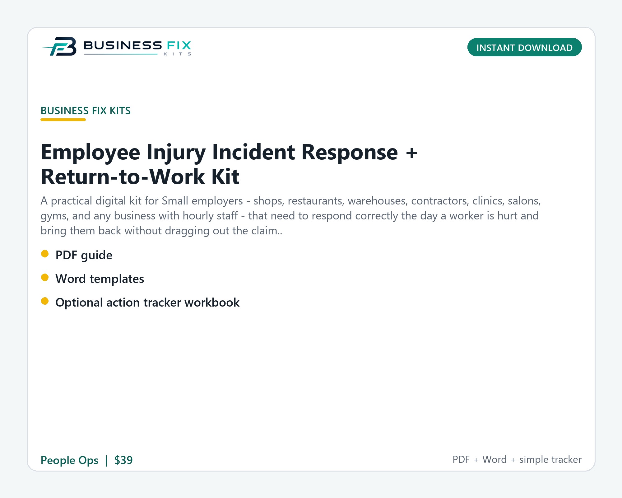 Employee Injury Incident Response + Return-to-Work Kit illustrated overview