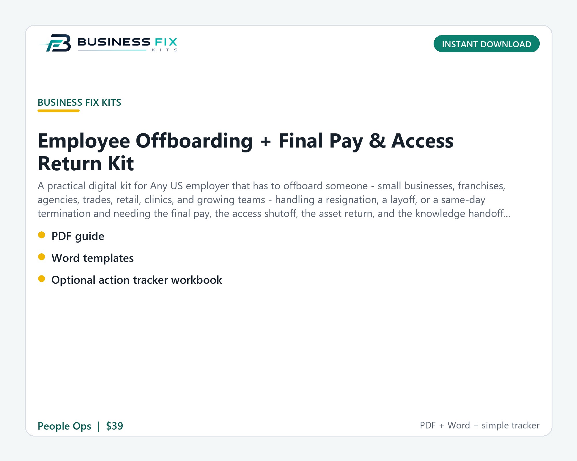 Employee Offboarding + Final Pay & Access Return Kit illustrated overview