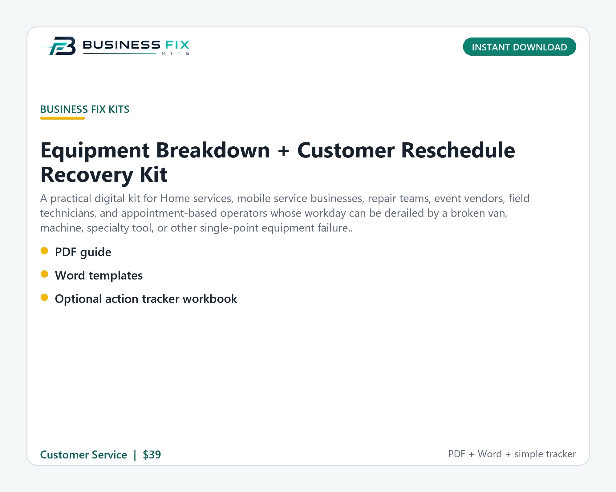 Equipment Breakdown + Customer Reschedule Recovery Kit illustrated overview