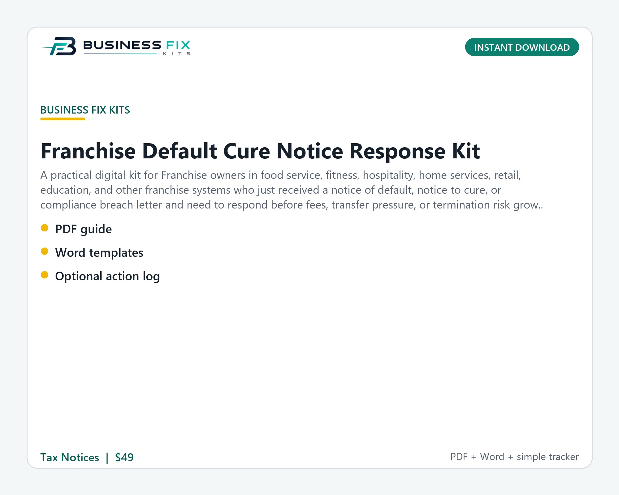 Franchise Default Cure Notice Response Kit illustrated overview