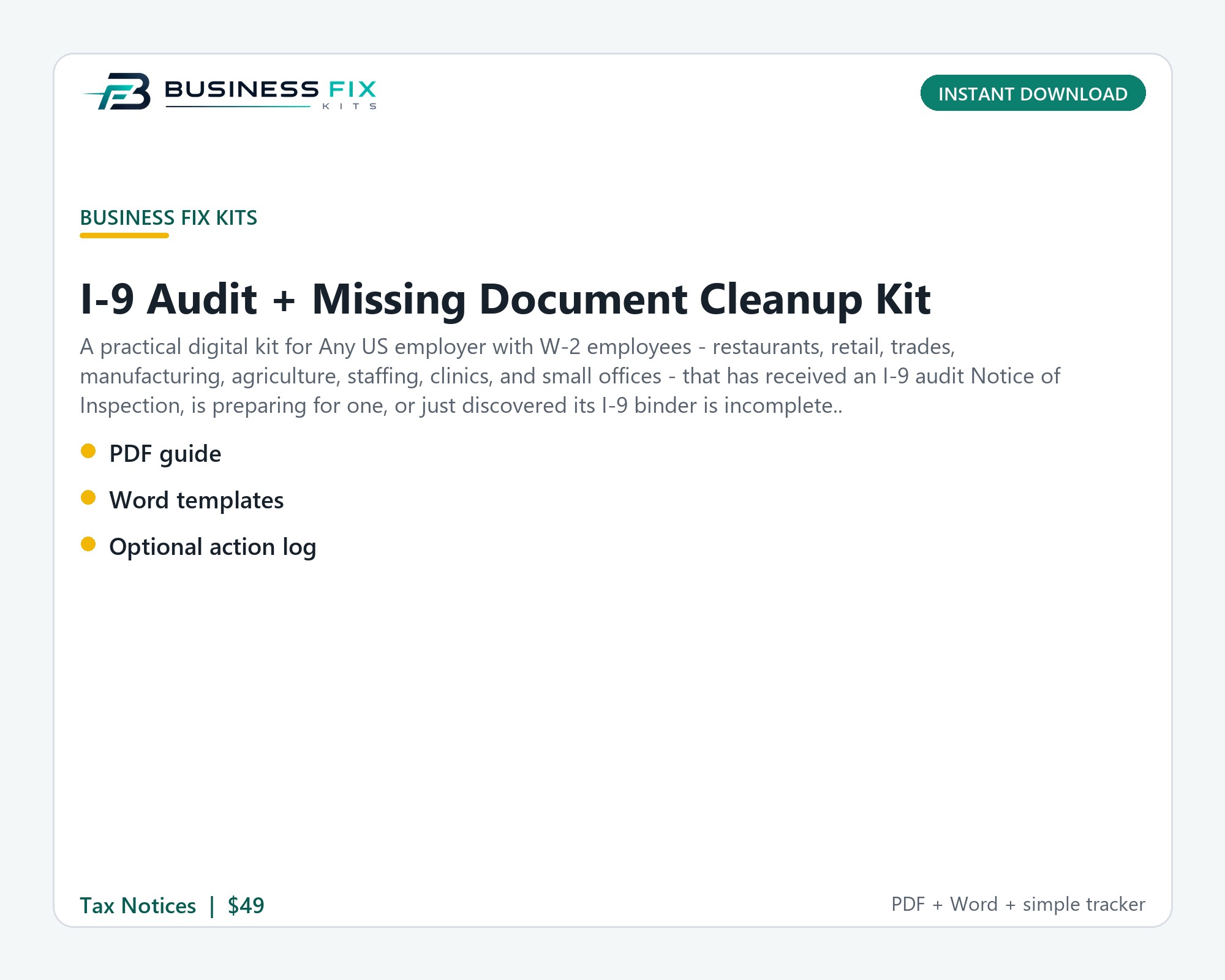 I-9 Audit + Missing Document Cleanup Kit illustrated overview
