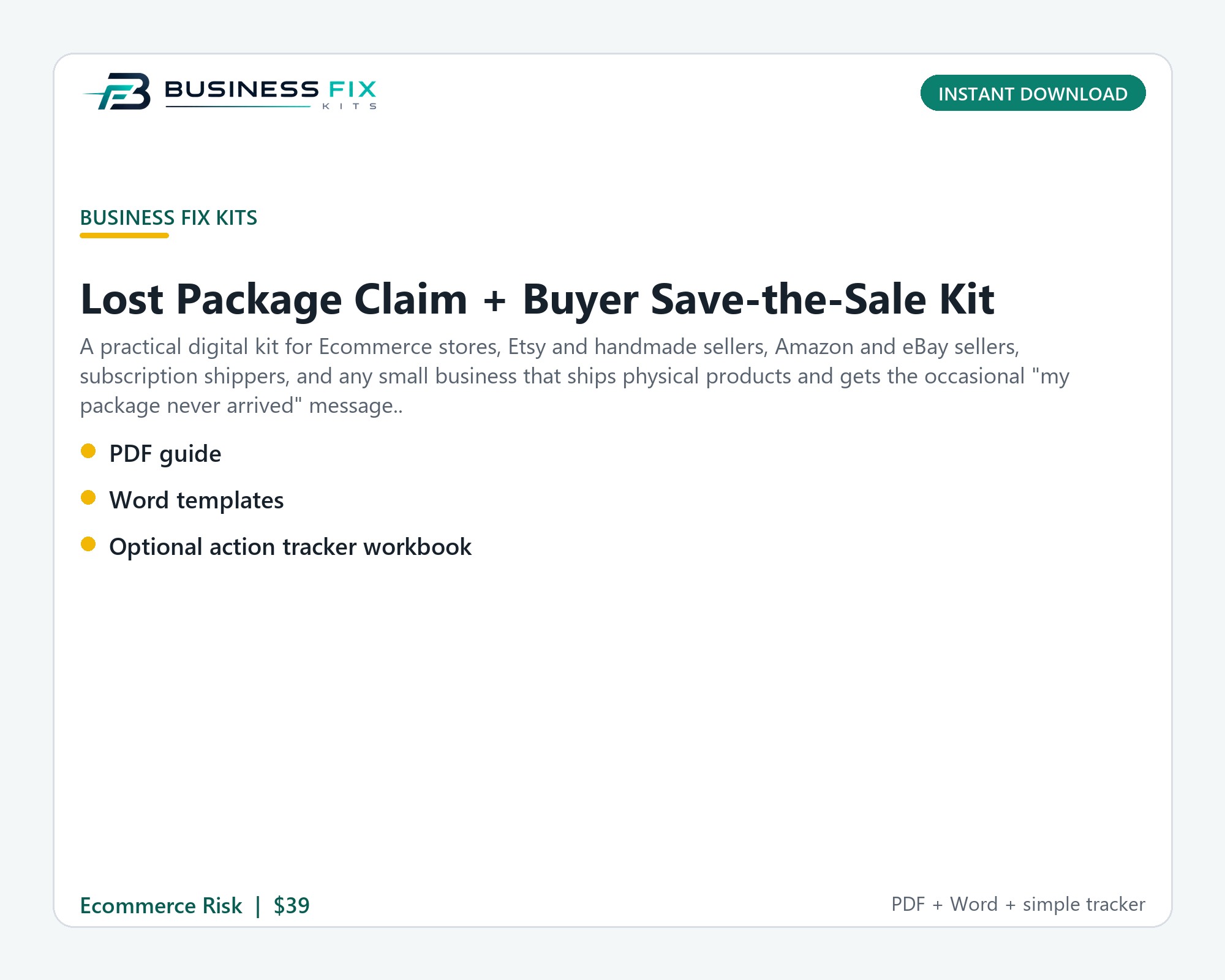 Lost Package Claim + Buyer Save-the-Sale Kit illustrated overview