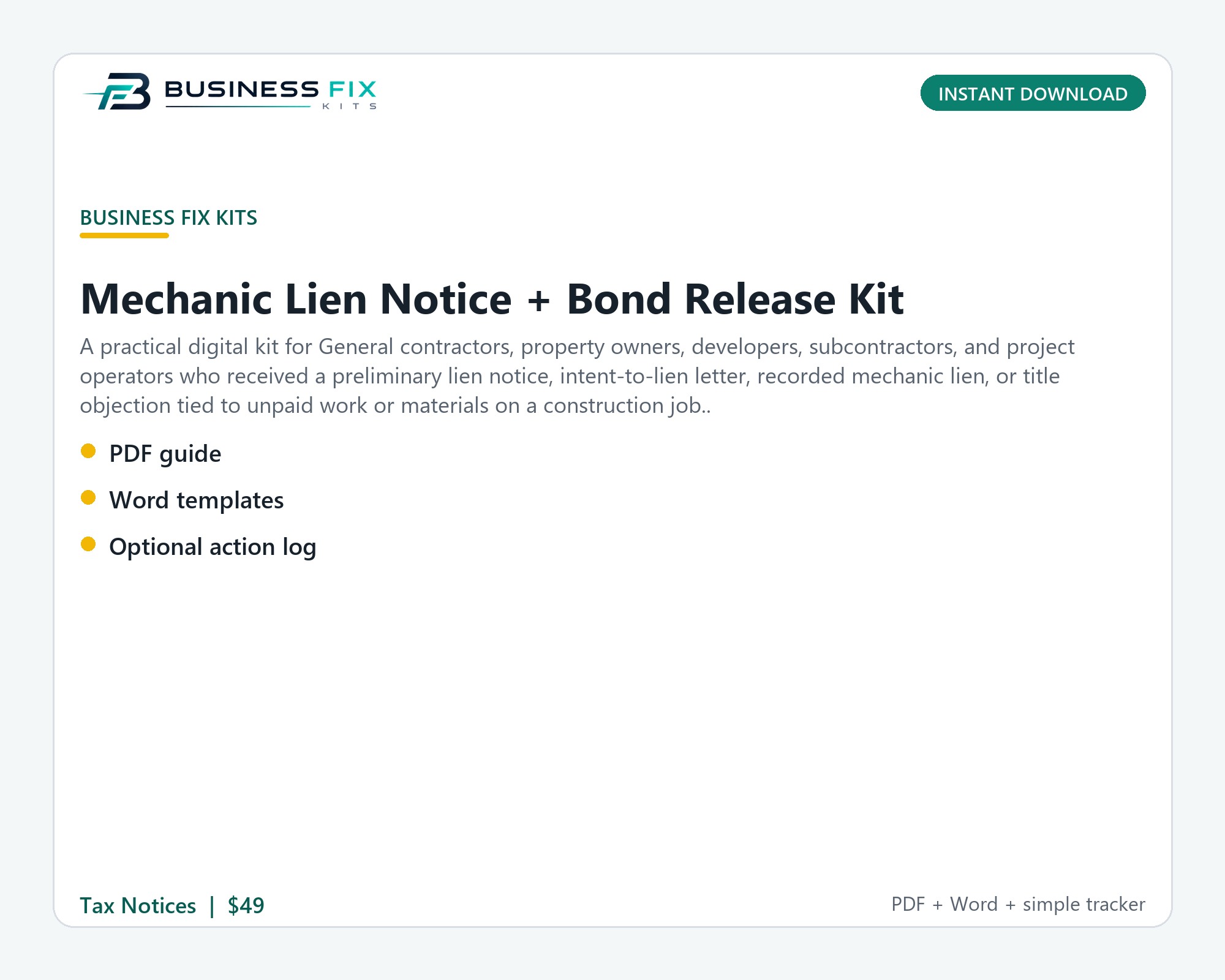 Mechanic Lien Notice + Bond Release Kit illustrated overview