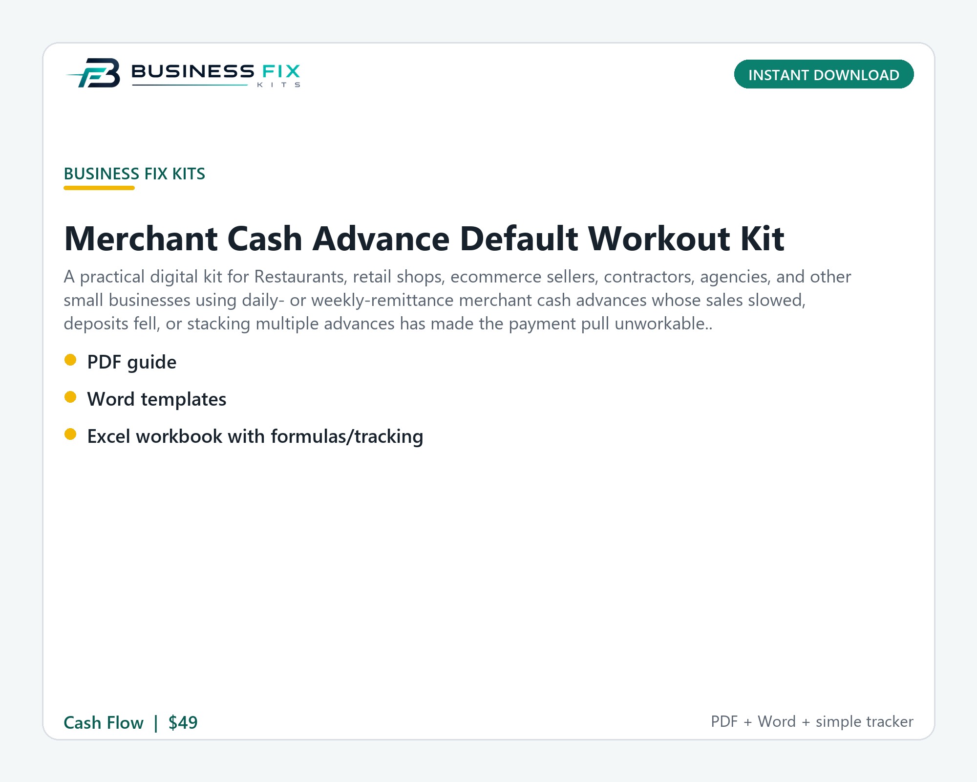 Merchant Cash Advance Default Workout Kit illustrated overview