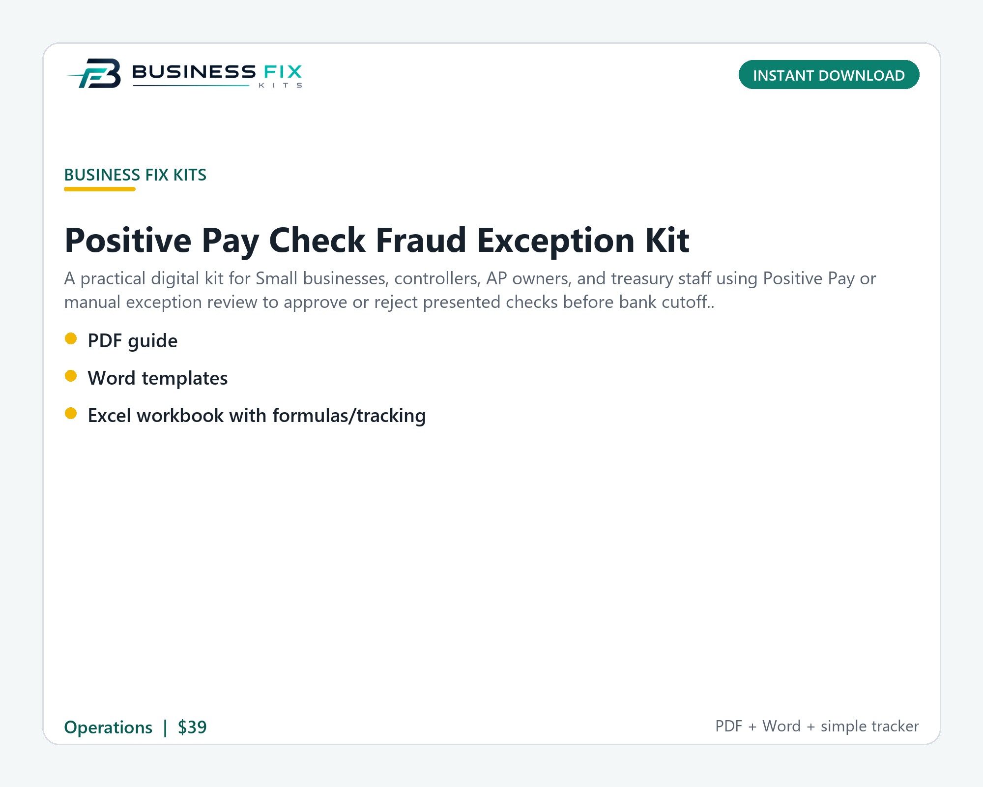Positive Pay Check Fraud Exception Kit illustrated overview
