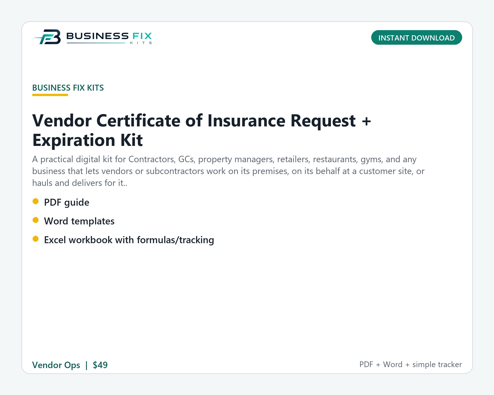 Vendor Certificate of Insurance Request + Expiration Kit illustrated overview