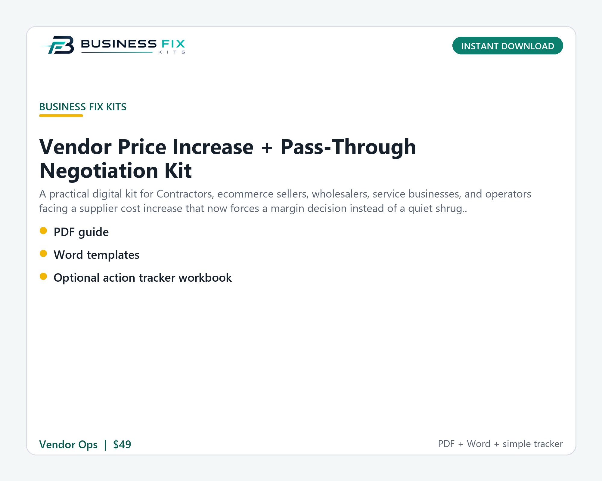 Vendor Price Increase + Pass-Through Negotiation Kit illustrated overview