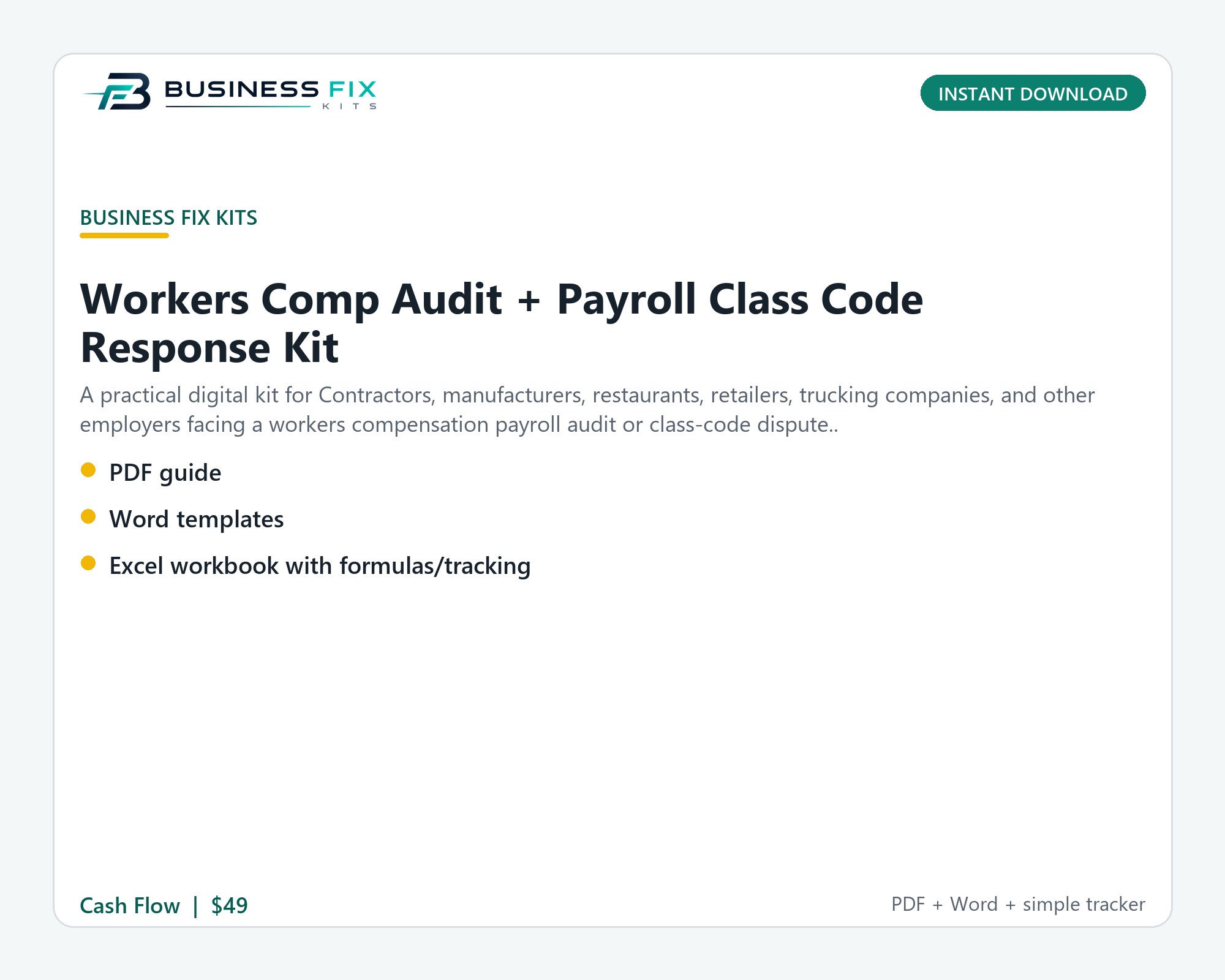Workers Comp Audit + Payroll Class Code Response Kit illustrated overview