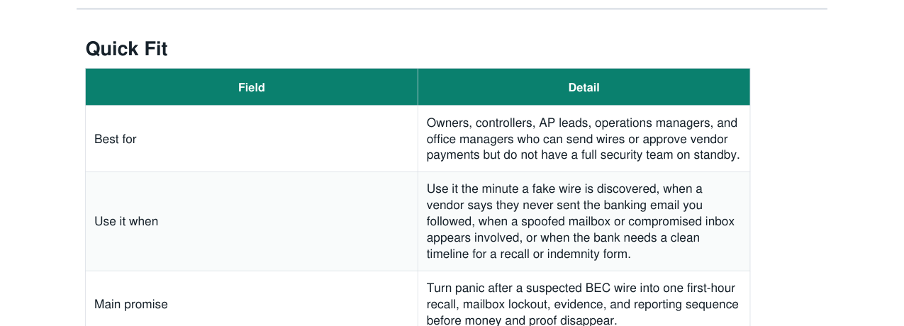 Business Email Compromise Wire Recall Kit real file preview