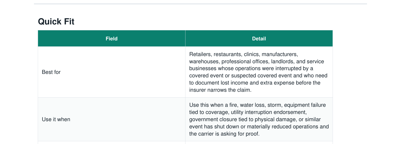 Business Interruption Insurance Claim Documentation Kit real file preview