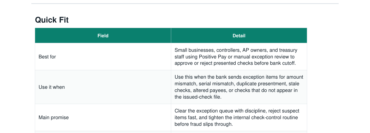 Positive Pay Check Fraud Exception Kit real file preview