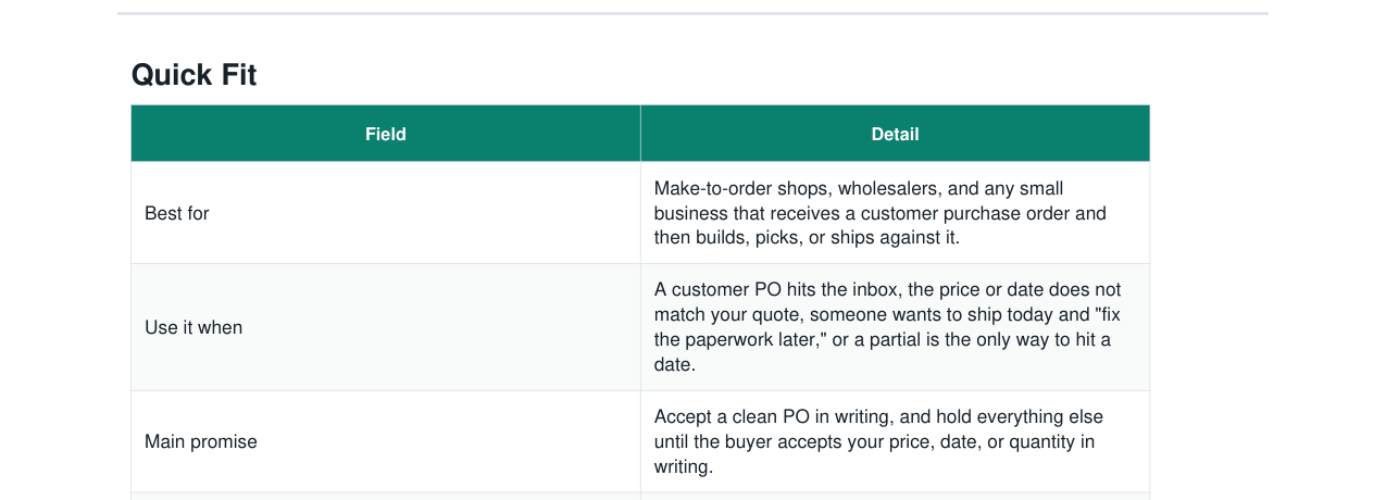 Purchase Order Acknowledgement + Exception Kit real file preview