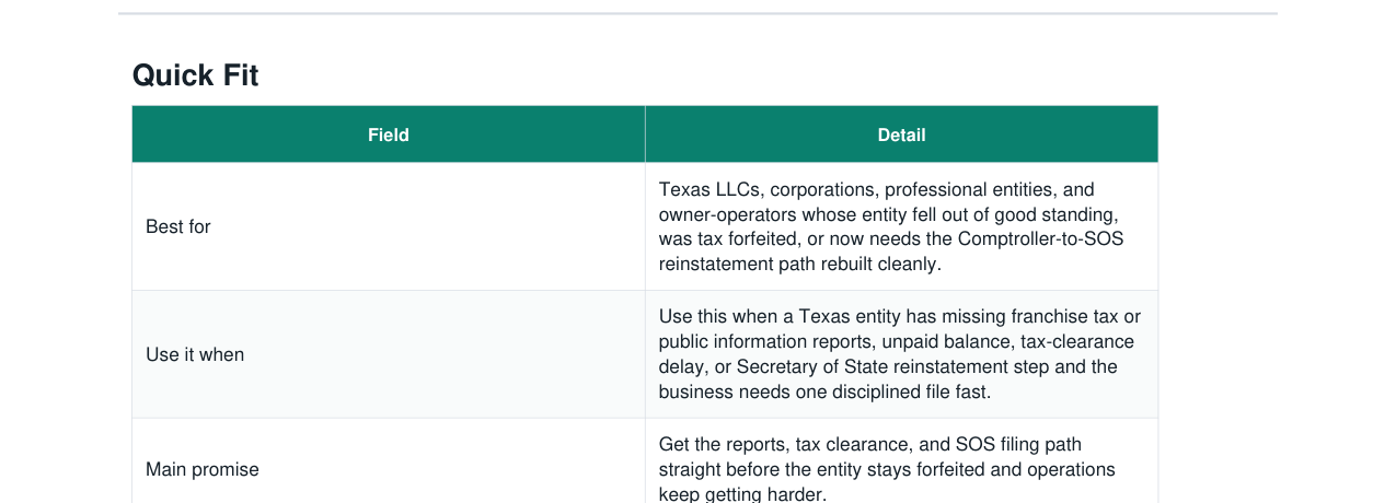 Texas Franchise Tax Forfeiture Reinstatement Kit real file preview