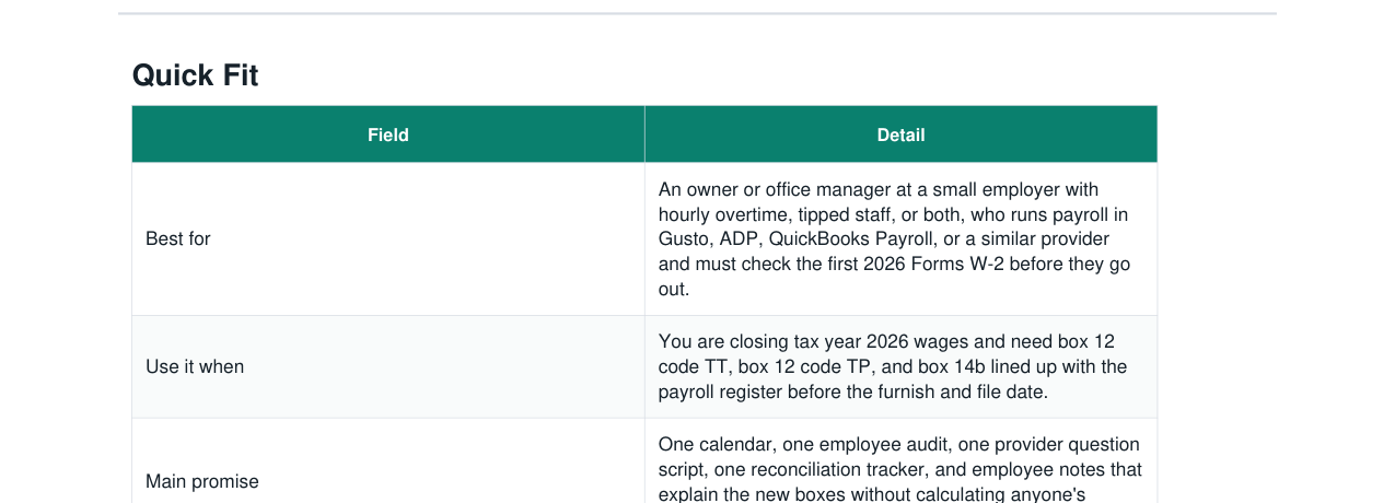 W-2 Year-End Payroll Close Kit (2026 Overtime + Tips Codes) real file preview